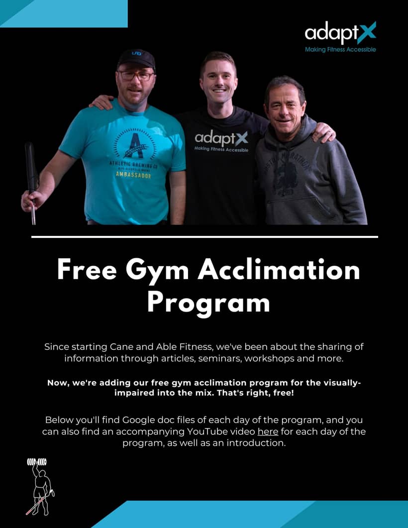 Cover of the Free Gym Acclimation Program, showing Evan Schwerbrock with two program participants, one holding a white cane.
