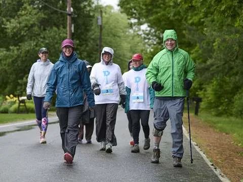 Five walkers making their way along a wooded road, one of them using walking poles