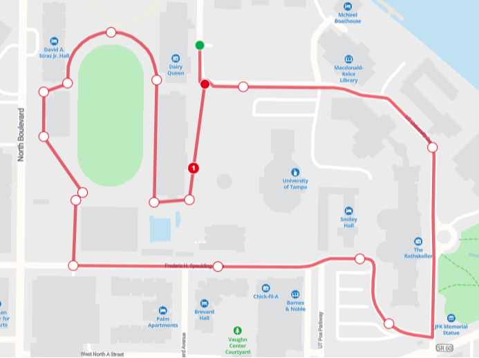 Map of the Tampa course: a loop around the University of Tampa, run three times for the 5K and once for the mile